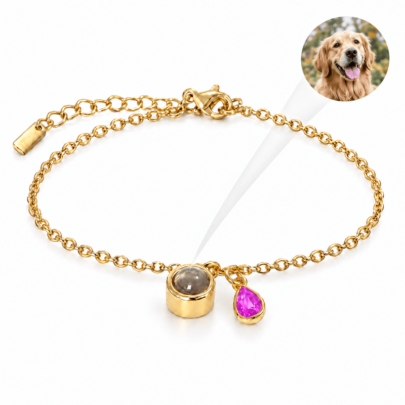 Bracelet photo personnalisé, acier inoxydable, avec pierre de naissance en goutte, cadeau intime et unique, modèle Ruliqua — Octobre / Or — packshot studio photo-projection nette
