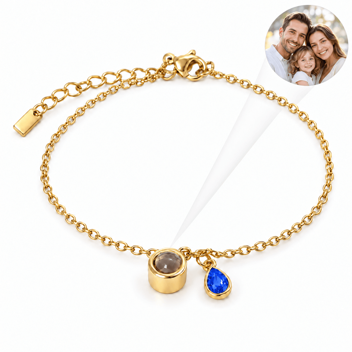 Bracelet photo personnalisé, acier inoxydable, avec pierre de naissance en goutte, cadeau intime et unique, modèle Ruliqua — Mars / Or — packshot studio photo-projection nette