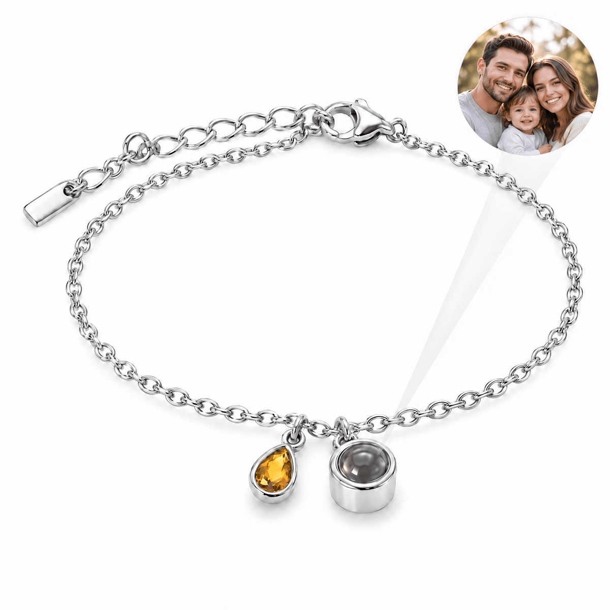 Bracelet photo personnalisé, acier inoxydable, avec pierre de naissance en goutte, cadeau intime et unique, modèle Ruliqua — Novembre / Argent — packshot studio photo-projection nette