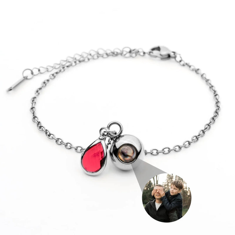 Bracelet en acier inoxydable avec chaîne fine, pendentif rond photo personnalisée, pierre de naissance rouge en forme de.