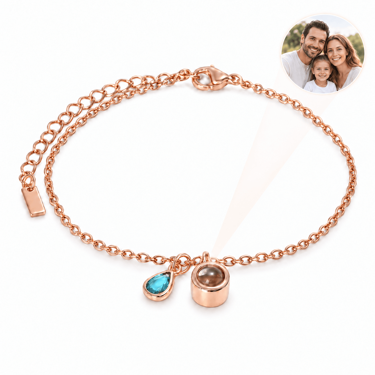Bracelet photo personnalisé, acier inoxydable, avec pierre de naissance en goutte, cadeau intime et unique, modèle Ruliqua — Septembre / Or rosé — packshot studio photo-projection nette