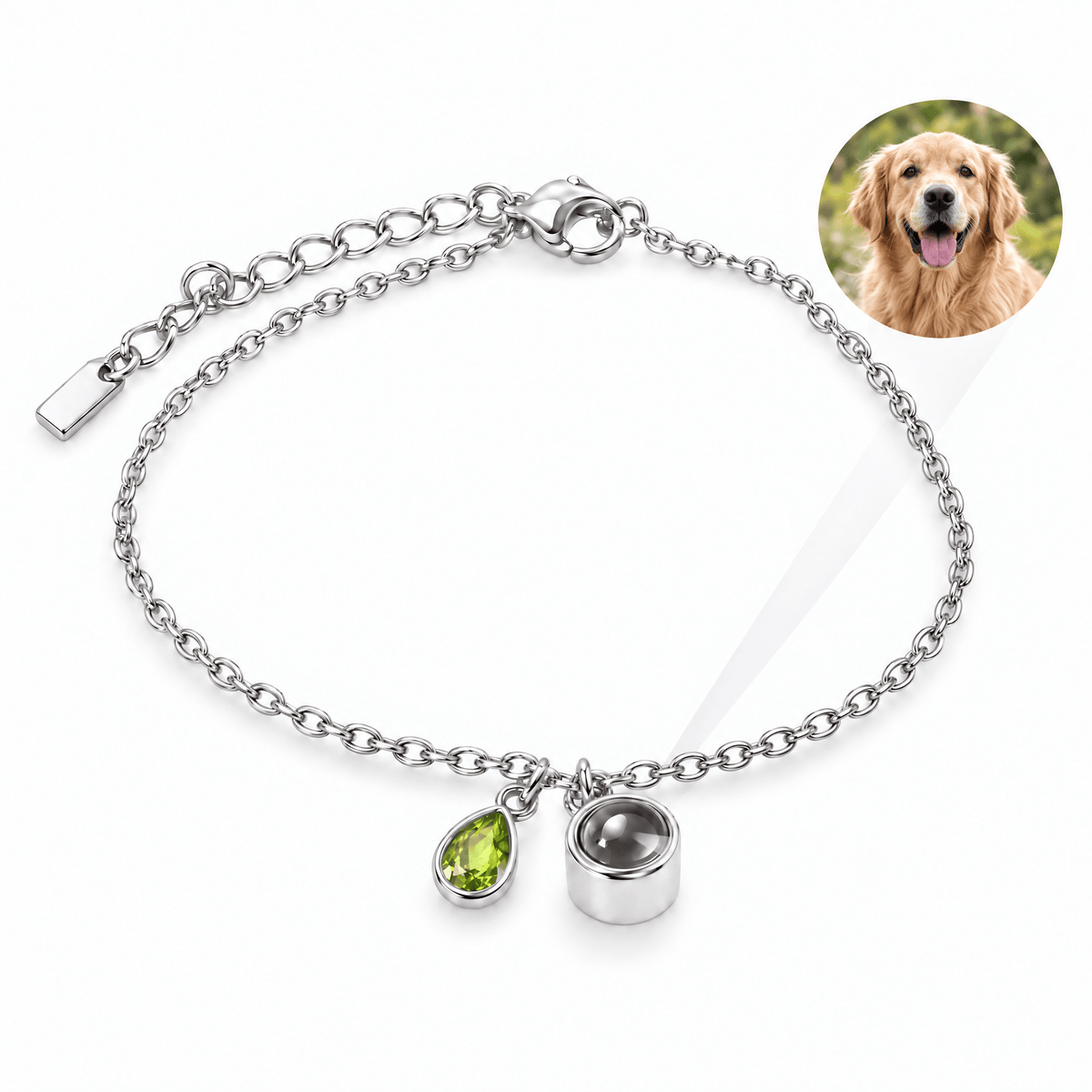 Bracelet photo personnalisé, acier inoxydable, avec pierre de naissance en goutte, cadeau intime et unique, modèle Ruliqua — Août / Argent — packshot studio photo-projection nette