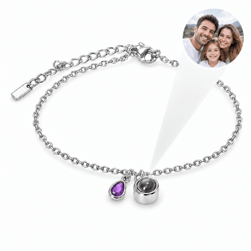 Bracelet photo personnalisé, acier inoxydable, avec pierre de naissance en goutte, cadeau intime et unique, modèle Ruliqua — Juin / Argent — packshot studio photo-projection nette