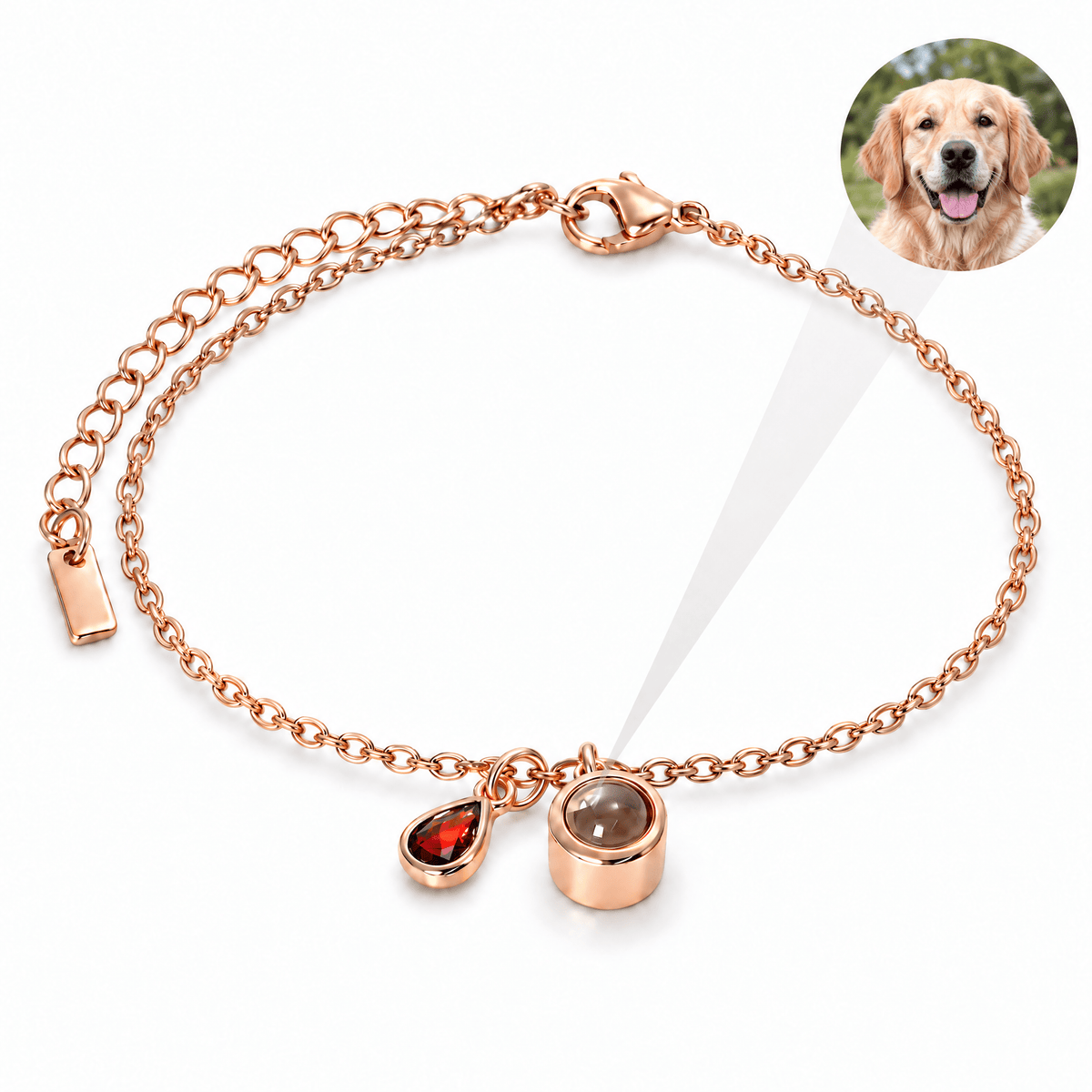 Bracelet photo personnalisé, acier inoxydable, avec pierre de naissance en goutte, cadeau intime et unique, modèle Ruliqua — Janvier / Or rosé — packshot studio photo-projection nette