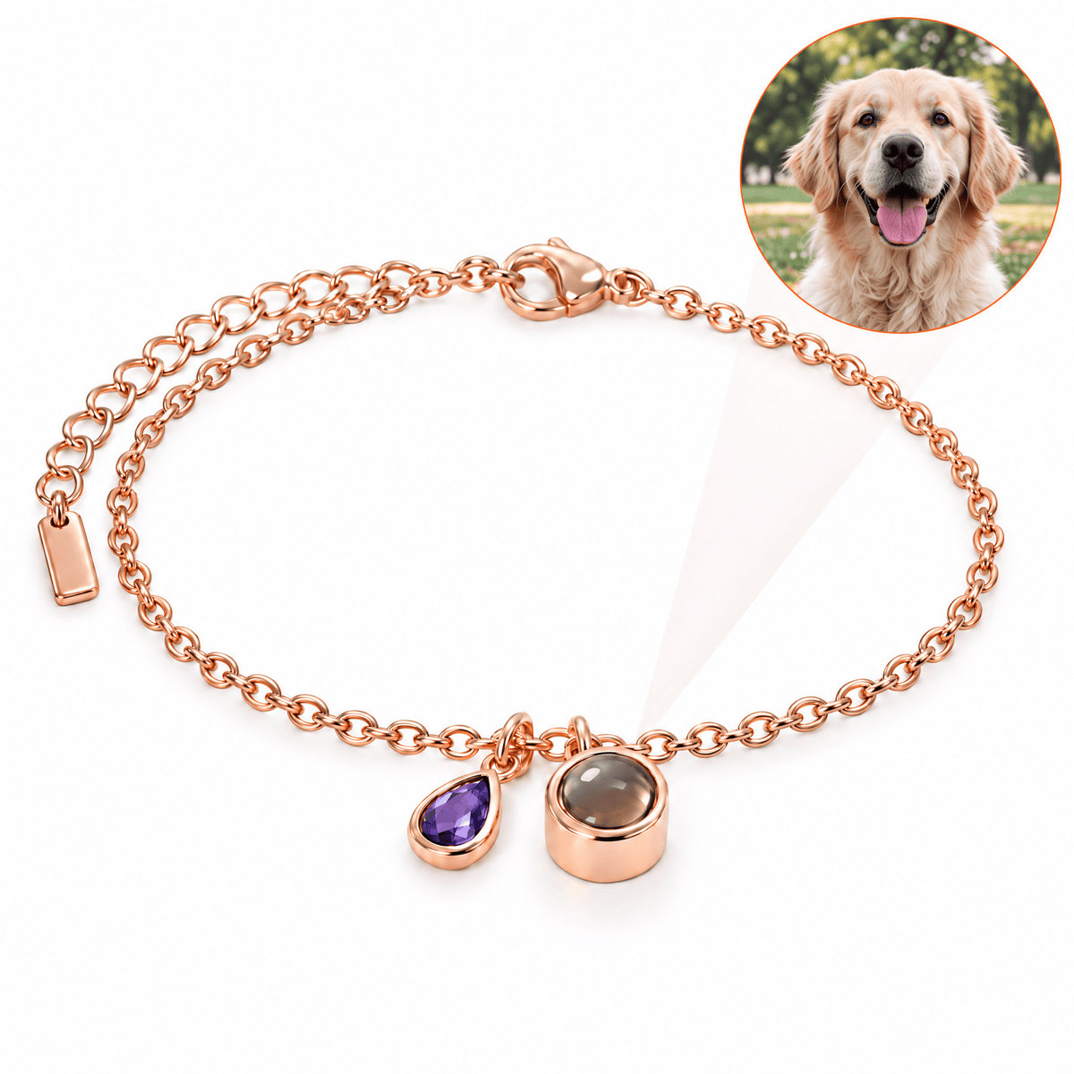 Bracelet photo personnalisé, acier inoxydable, avec pierre de naissance en goutte, cadeau intime et unique, modèle Ruliqua — Juin / Or rosé — packshot studio photo-projection nette