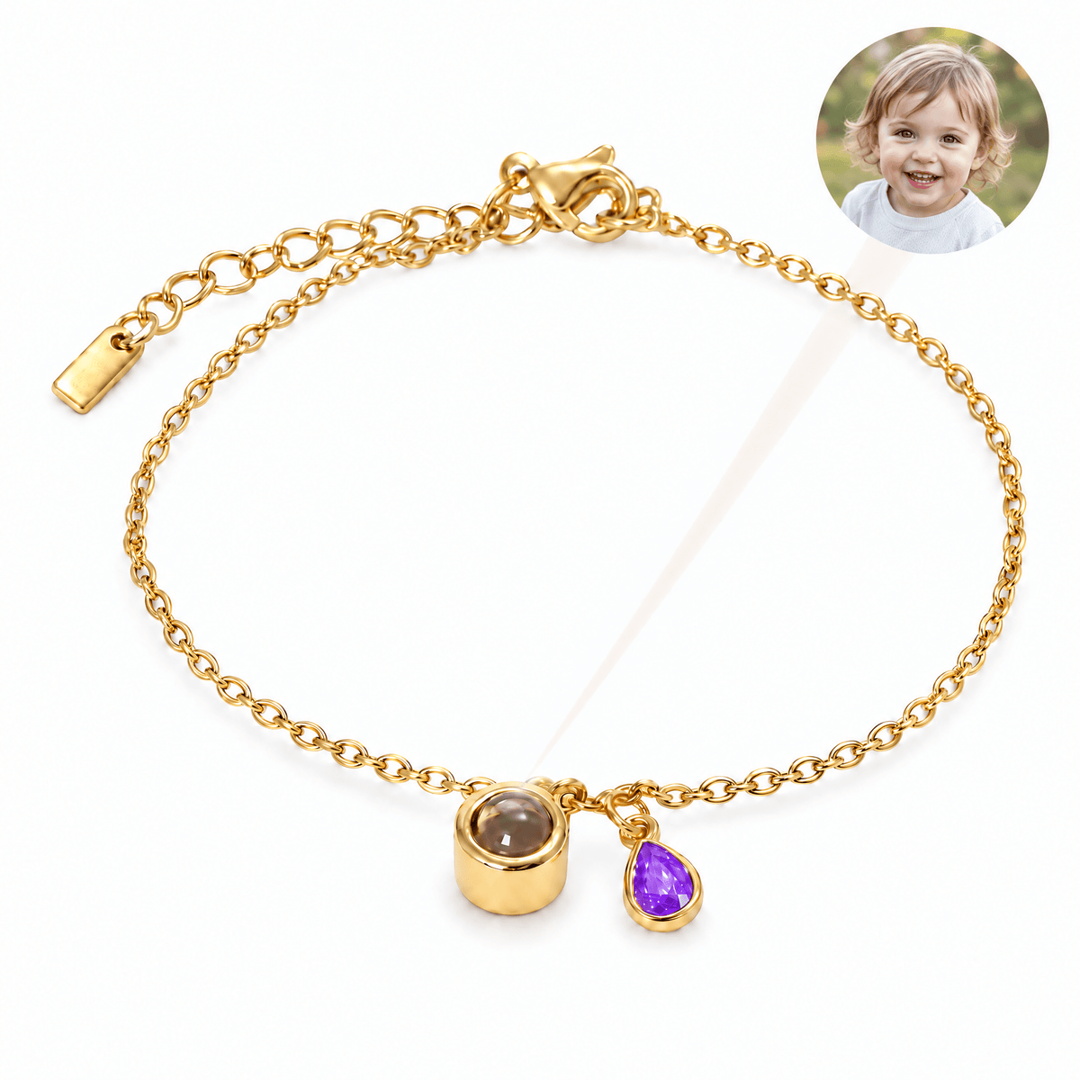 Bracelet photo personnalisé, acier inoxydable, avec pierre de naissance en goutte, cadeau intime et unique, modèle Ruliqua — Juin / Or — packshot studio photo-projection nette