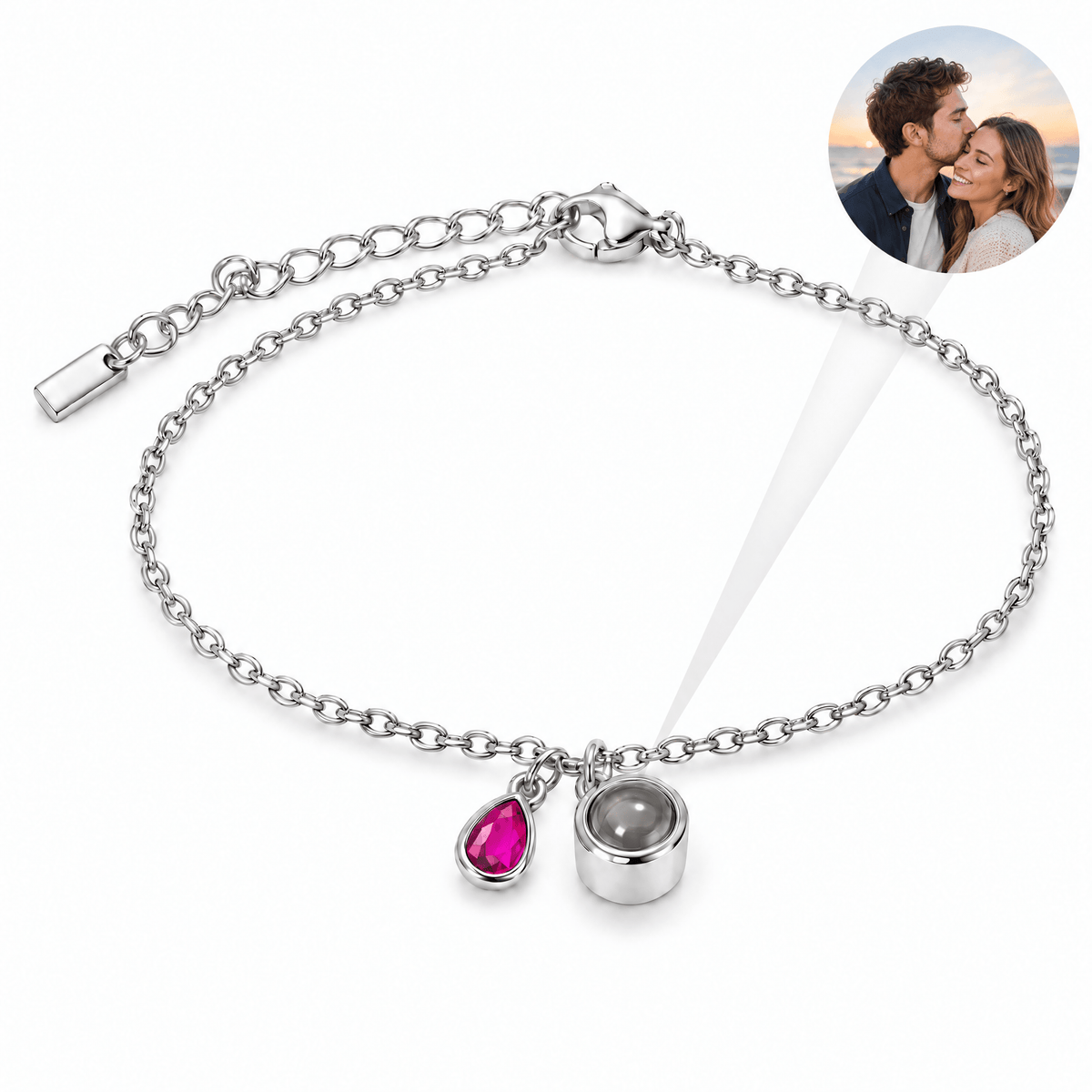 Bracelet photo personnalisé, acier inoxydable, avec pierre de naissance en goutte, cadeau intime et unique, modèle Ruliqua — Octobre / Argent — packshot studio photo-projection nette