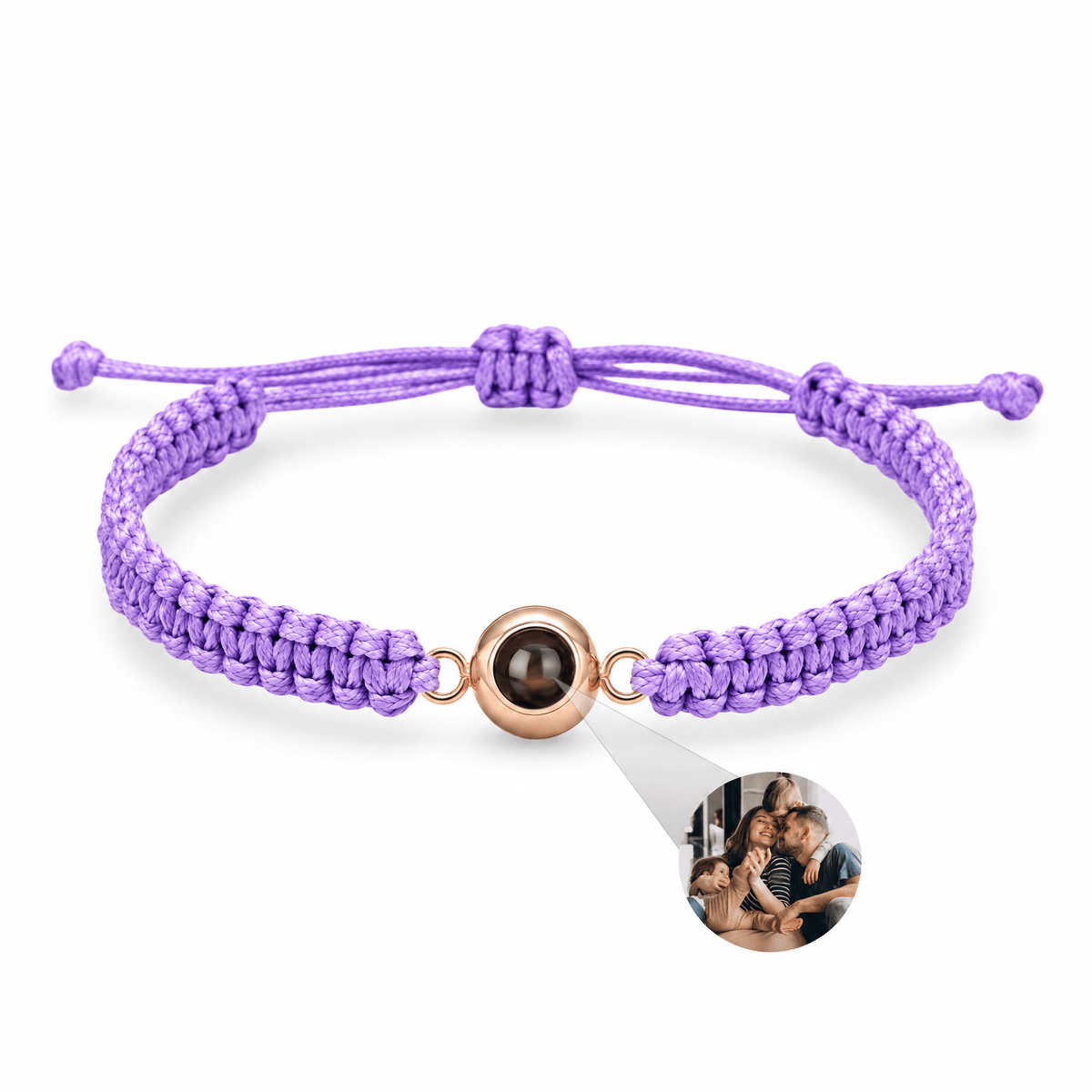 Bracelet photo personnalisé, corde et acier inoxydable — modèle Cielo — Violet et or rosé — packshot studio photo sous lentille