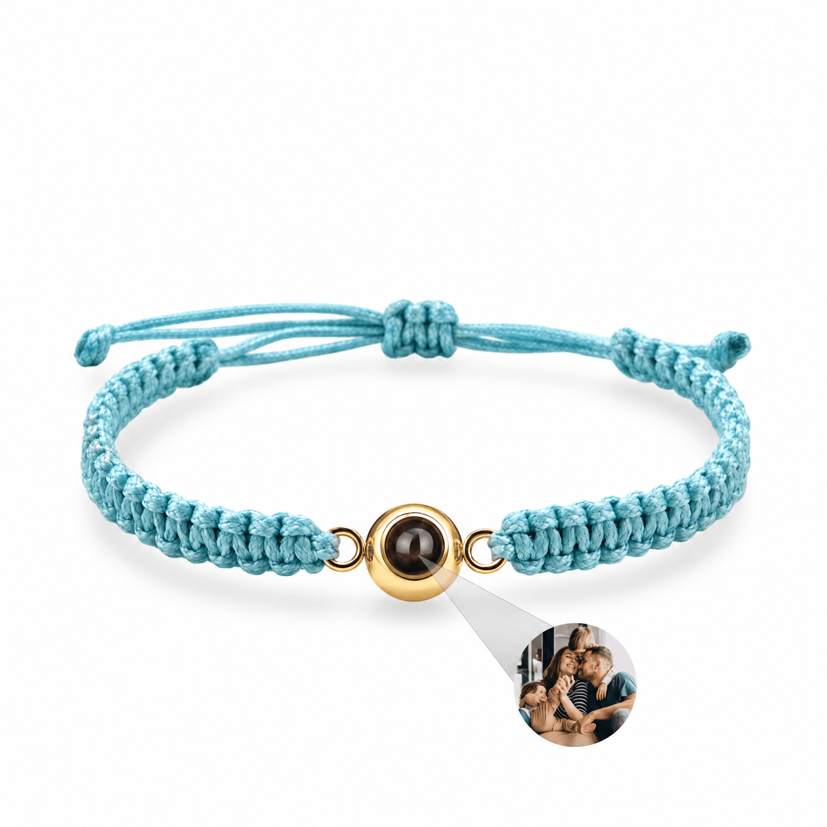 Bracelet photo personnalisé, corde et acier inoxydable — modèle Cielo — Bleu et or — packshot studio photo sous lentille