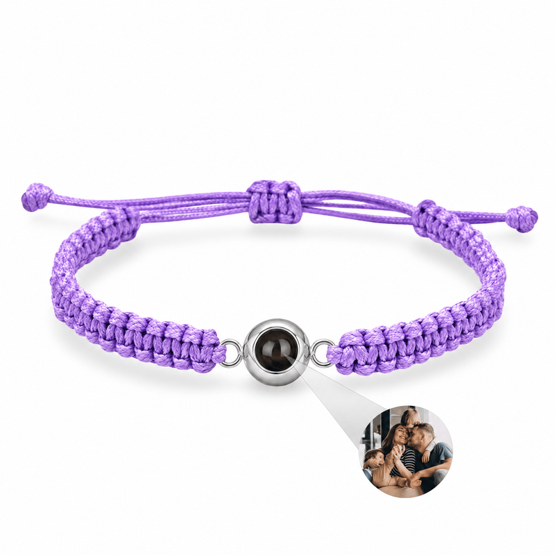Bracelet photo personnalisé, corde et acier inoxydable — modèle Cielo — Violet et argent — packshot studio photo sous lentille