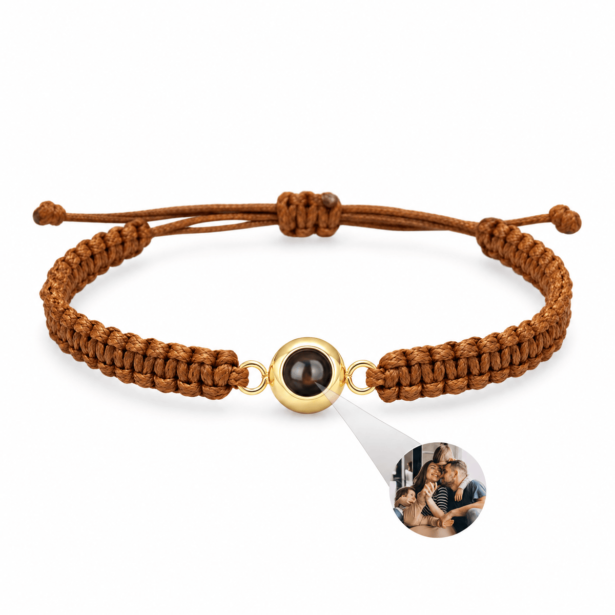 Bracelet photo personnalisé, corde et acier inoxydable — modèle Cielo — Marron et or — packshot studio photo sous lentille