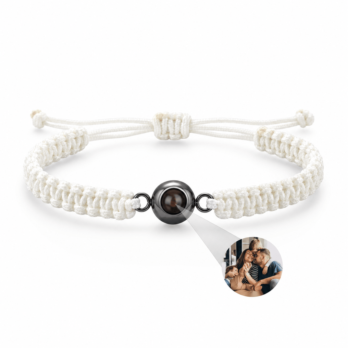 Bracelet photo personnalisé, corde et acier inoxydable — modèle Cielo — Blanc et noir — packshot studio photo sous lentille