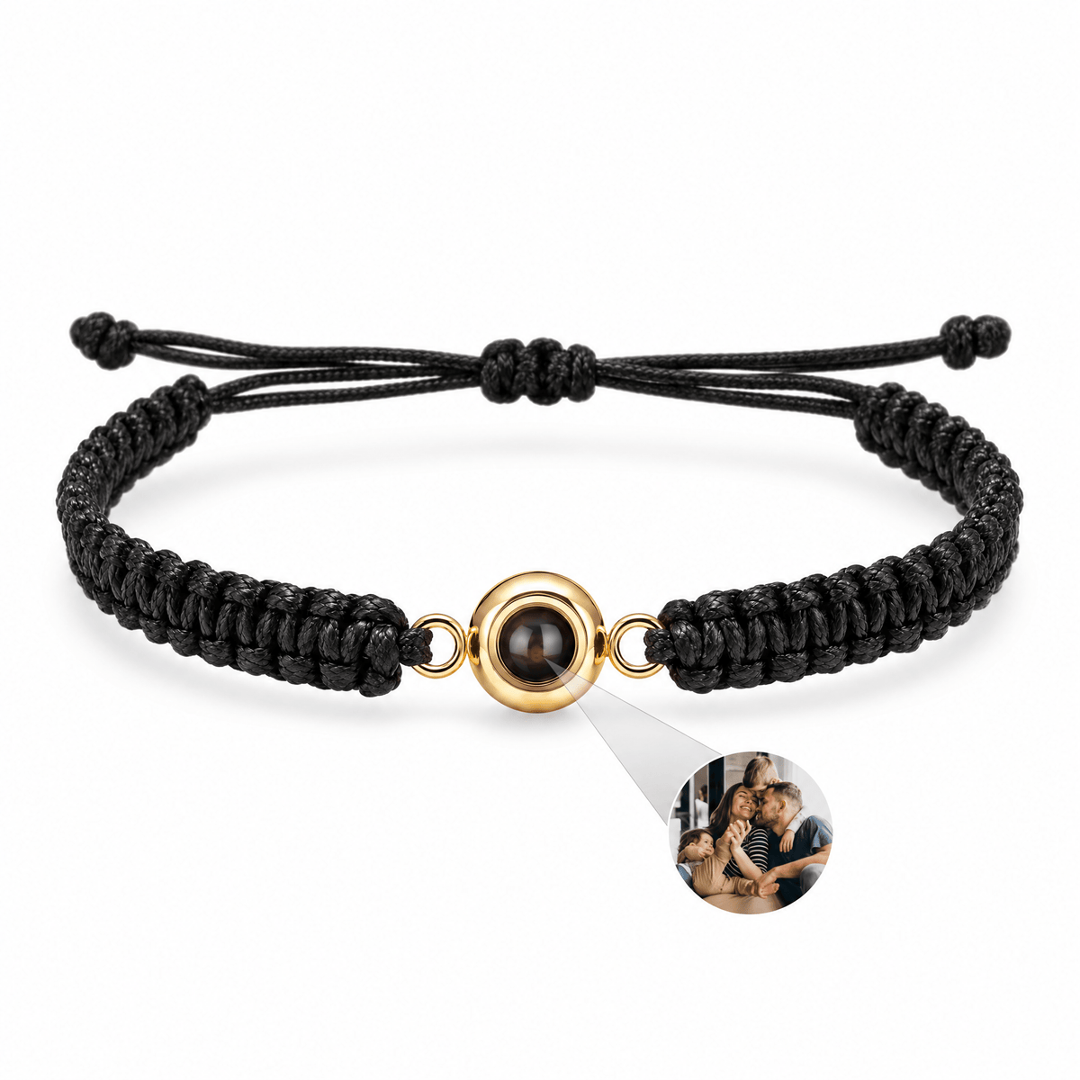 Bracelet photo personnalisé, corde et acier inoxydable — modèle Cielo — Noir et or — packshot studio photo sous lentille