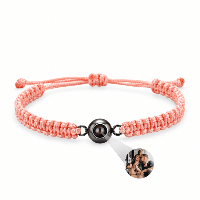 Bracelet photo personnalisé, corde et acier inoxydable — modèle Cielo — Rose et noir — packshot studio photo sous lentille