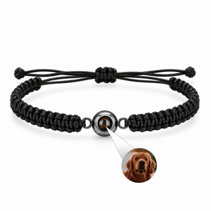 Bracelet photo personnalisé, corde et acier inoxydable — modèle Cielo — Noir et noir — packshot studio photo sous lentille