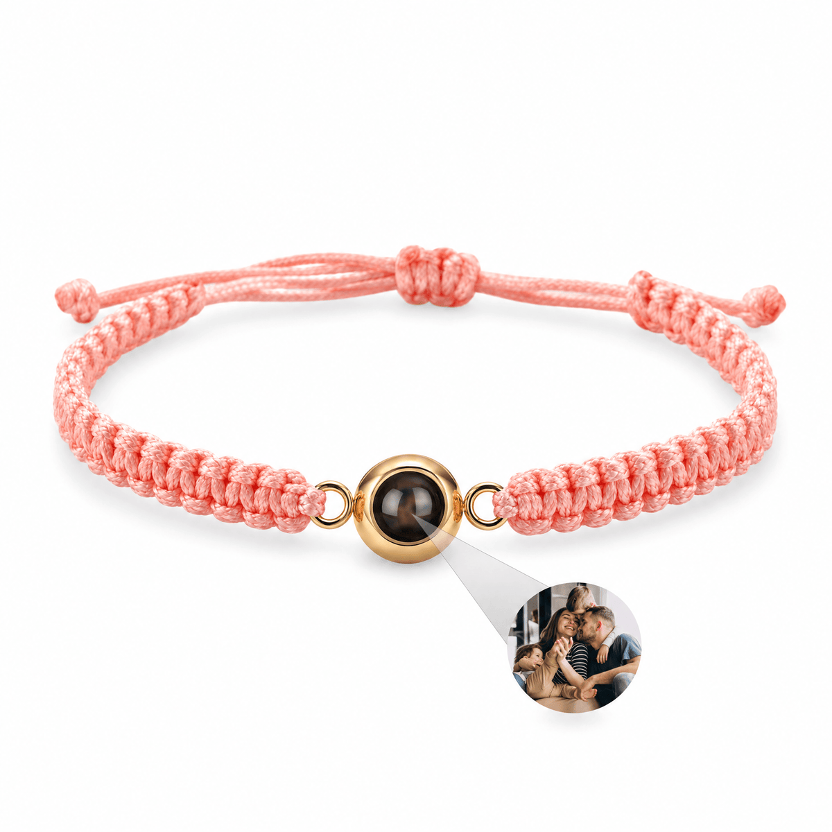 Bracelet photo personnalisé, corde et acier inoxydable — modèle Cielo — Rose et or — packshot studio photo sous lentille