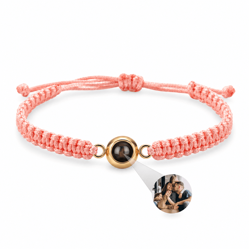Bracelet photo personnalisé, corde et acier inoxydable — modèle Cielo — Rose et or — packshot studio photo sous lentille