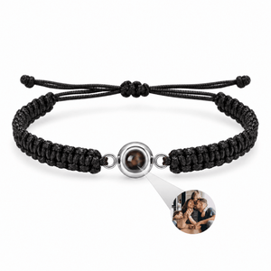Bracelet photo personnalisé, corde et acier inoxydable — modèle Cielo — Noir et argent — packshot studio photo sous lentille