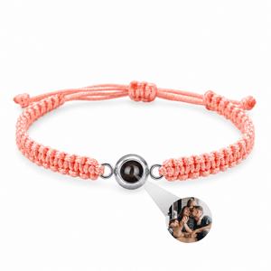Bracelet photo personnalisé, corde et acier inoxydable — modèle Cielo — Rose et argent — packshot studio photo sous lentille