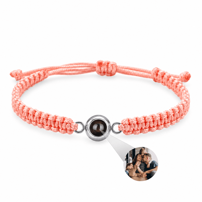 Bracelet photo personnalisé, corde et acier inoxydable — modèle Cielo — Rose et argent — packshot studio photo sous lentille
