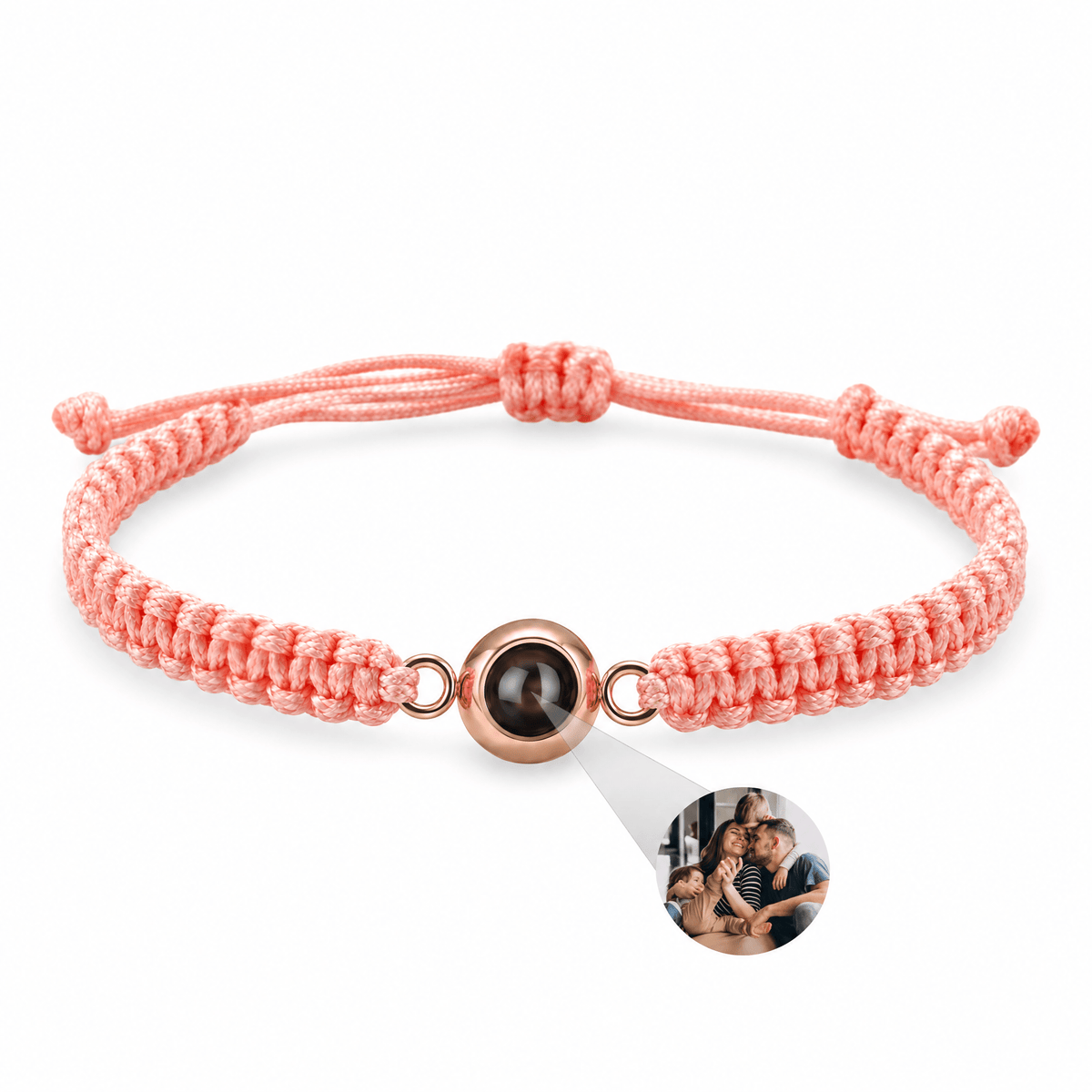 Bracelet photo personnalisé, corde et acier inoxydable — modèle Cielo — Rose et or rosé — packshot studio photo sous lentille