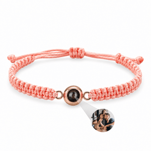 Bracelet photo personnalisé, corde et acier inoxydable — modèle Cielo — Rose et or rosé — packshot studio photo sous lentille