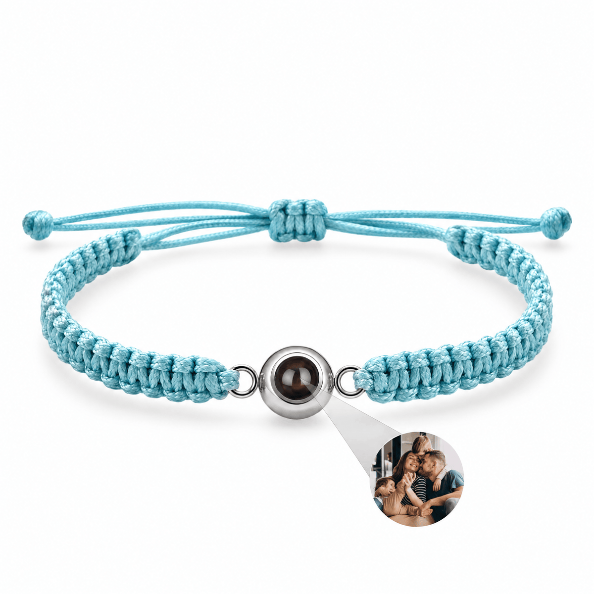 Bracelet photo personnalisé, corde et acier inoxydable — modèle Cielo — Bleu et argent — packshot studio photo sous lentille