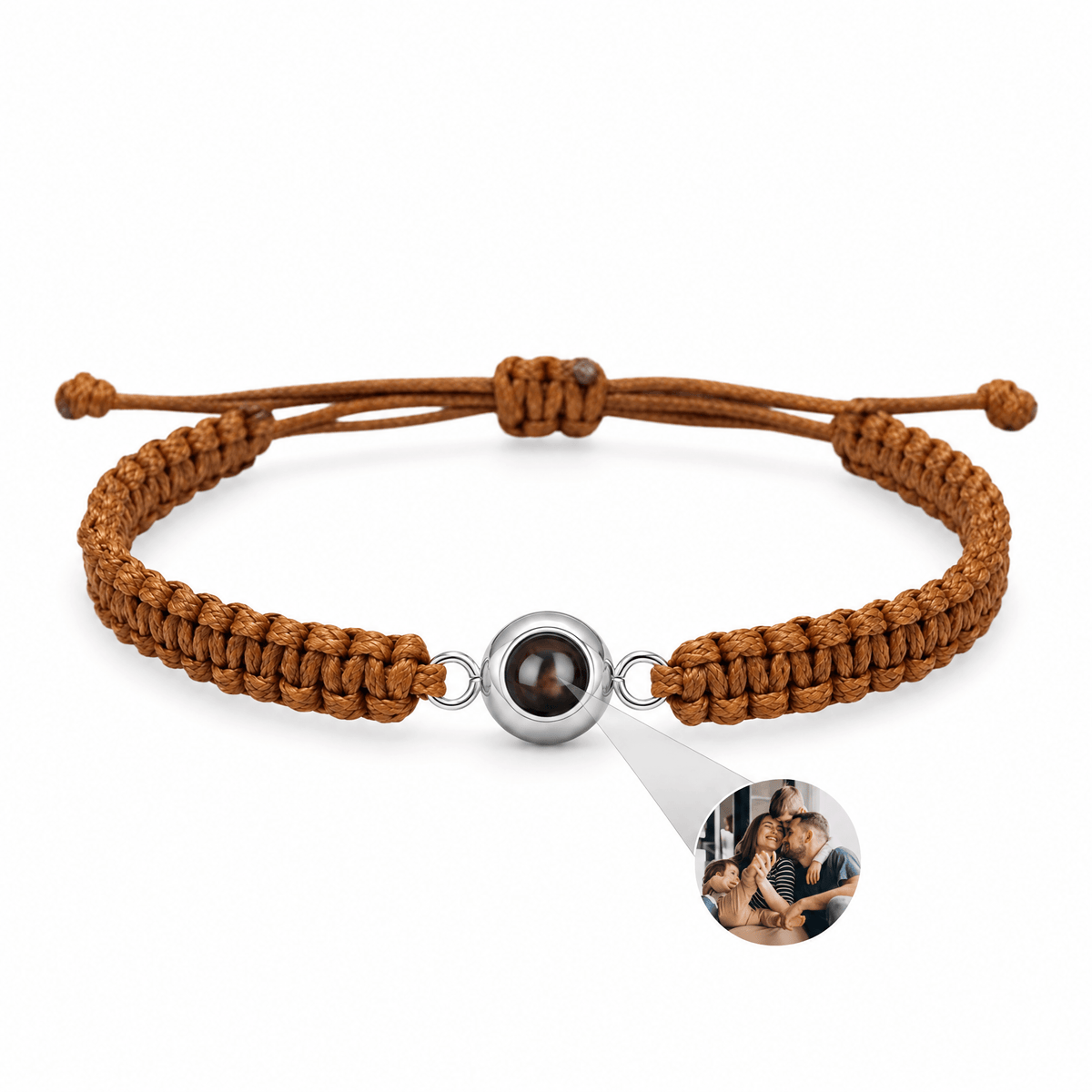 Bracelet photo personnalisé, corde et acier inoxydable — modèle Cielo — Marron et argent — packshot studio photo sous lentille