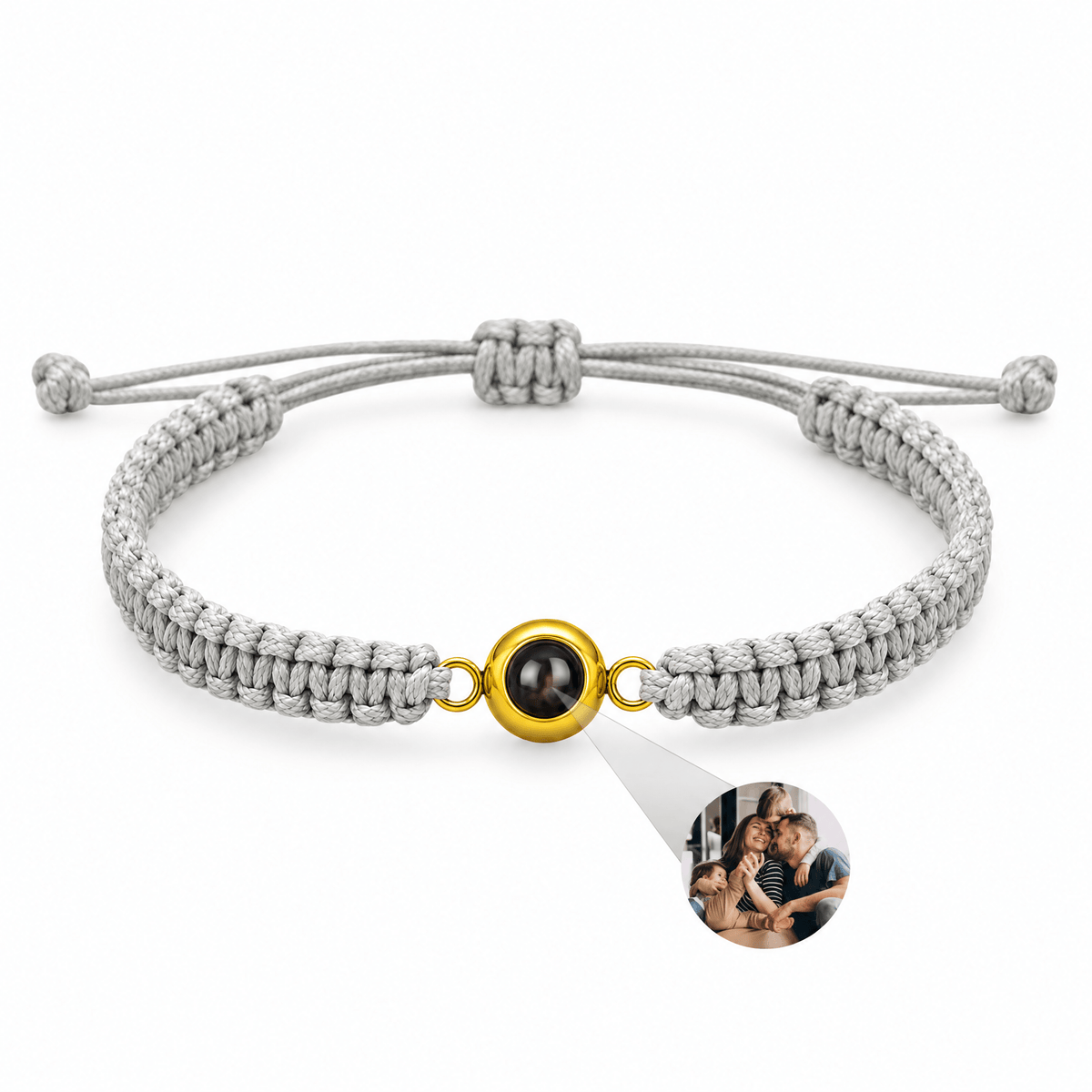 Bracelet photo personnalisé, corde et acier inoxydable — modèle Cielo — Gris et or — packshot studio photo sous lentille