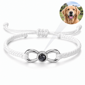 Bracelet photo personnalisé, corde et acier inoxydable, signe infini, modèle Infinity — Blanc et argent — packshot studio photo-projection nette