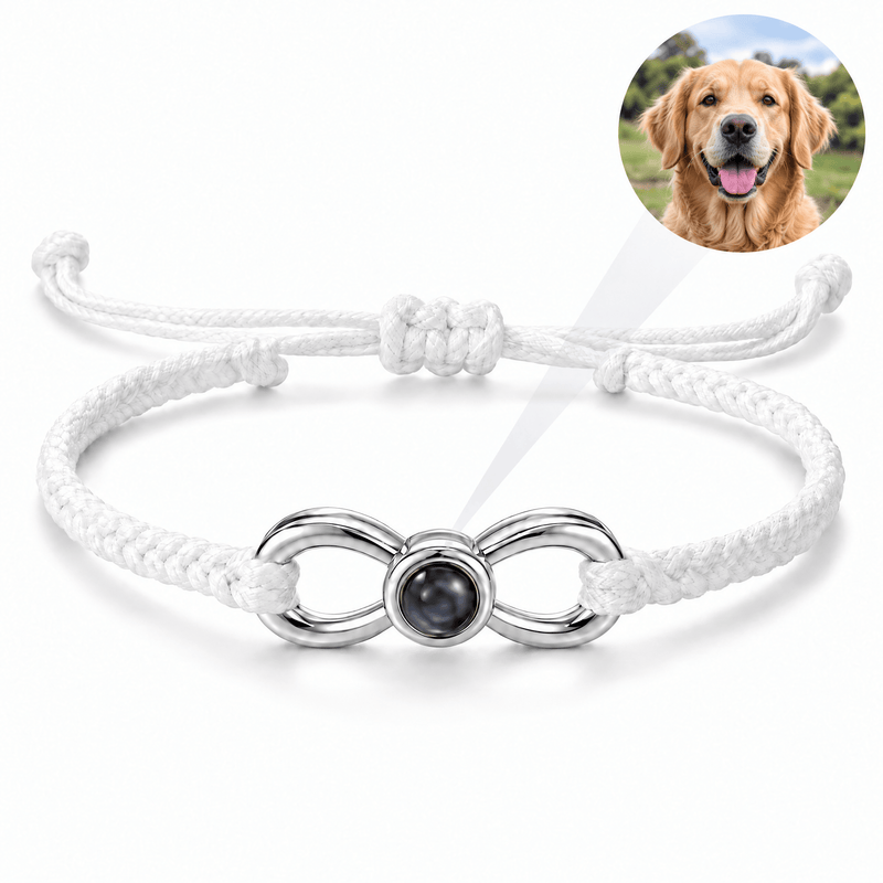 Bracelet photo personnalisé, corde et acier inoxydable, signe infini, modèle Infinity — Blanc et argent — packshot studio photo-projection nette