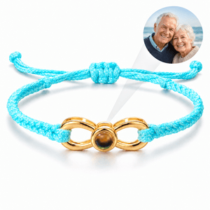 Bracelet photo personnalisé, corde et acier inoxydable, signe infini, modèle Infinity — Bleu et or — packshot studio photo-projection nette