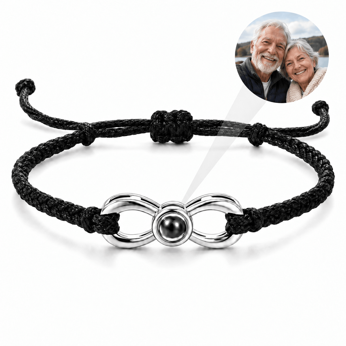 Bracelet photo personnalisé, corde et acier inoxydable, signe infini, modèle Infinity — Noir et argent — packshot studio photo-projection nette