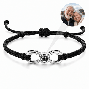 Bracelet photo personnalisé, corde et acier inoxydable, signe infini, modèle Infinity — Noir et argent — packshot studio photo-projection nette