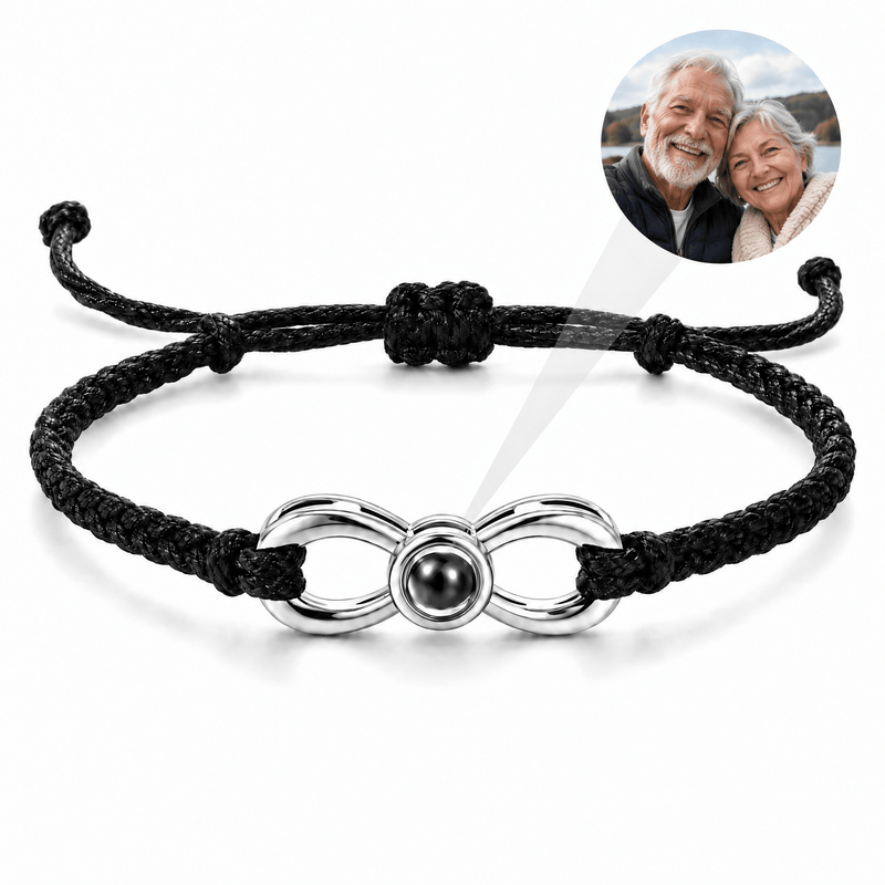 Bracelet photo personnalisé, corde et acier inoxydable, signe infini, modèle Infinity — Noir et argent — packshot studio photo-projection nette
