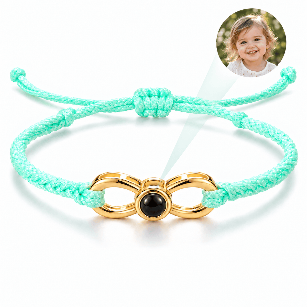 Bracelet photo personnalisé, corde et acier inoxydable, signe infini, modèle Infinity — Turquoise et or — packshot studio photo-projection nette