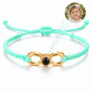 Bracelet photo personnalisé, corde et acier inoxydable, signe infini, modèle Infinity — Turquoise et or — packshot studio photo-projection nette