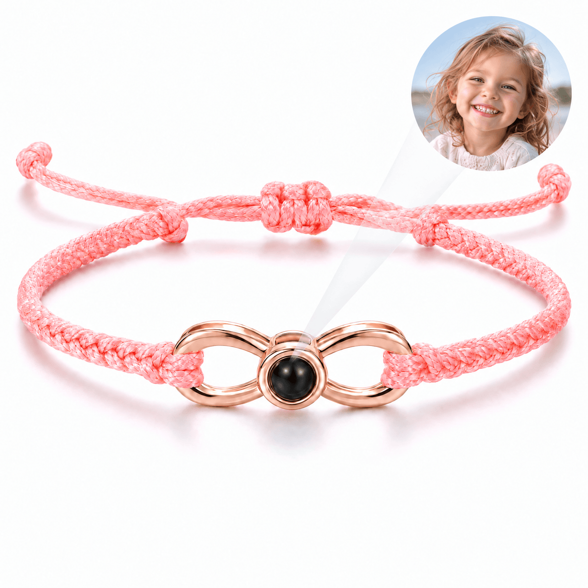 Bracelet photo personnalisé, corde et acier inoxydable, signe infini, modèle Infinity — Rose et or rosé — packshot studio photo-projection nette