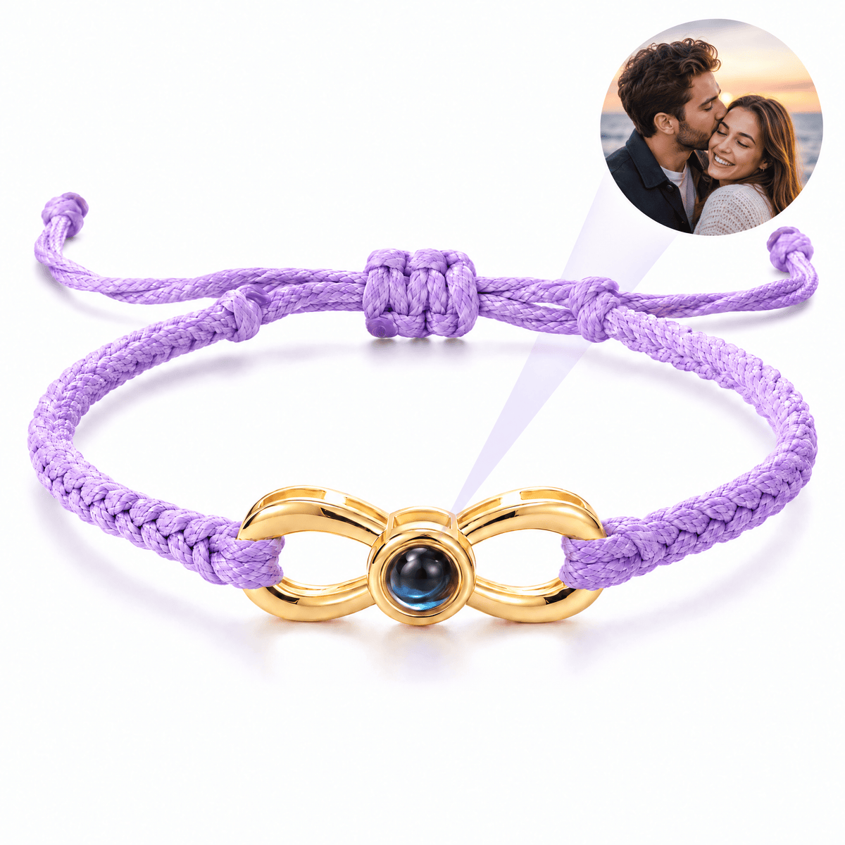 Bracelet photo personnalisé, corde et acier inoxydable, signe infini, modèle Infinity — Violet et or — packshot studio photo-projection nette