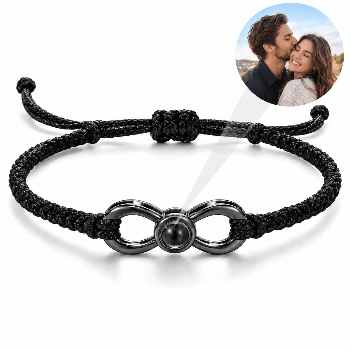 Bracelet photo personnalisé, corde et acier inoxydable, signe infini, modèle Infinity — Noir et noir — packshot studio photo-projection nette