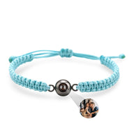 Bracelet corde turquoise avec perle titane noire et photo personnalisée intégrée.