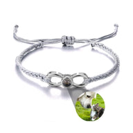 Bracelet corde gris avec signe infini en titane argenté et photo personnalisée ronde.