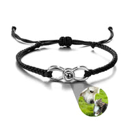 Bracelet corde noir avec signe infini titane et médaille photo personnalisée.