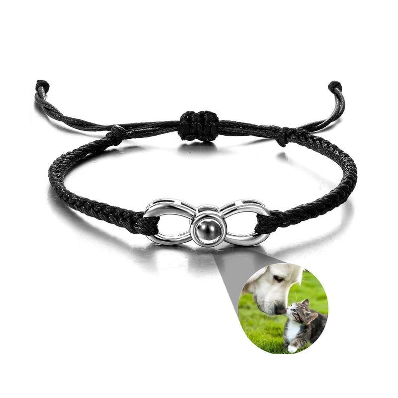 Bracelet corde noir avec signe infini titane et médaille photo personnalisée.