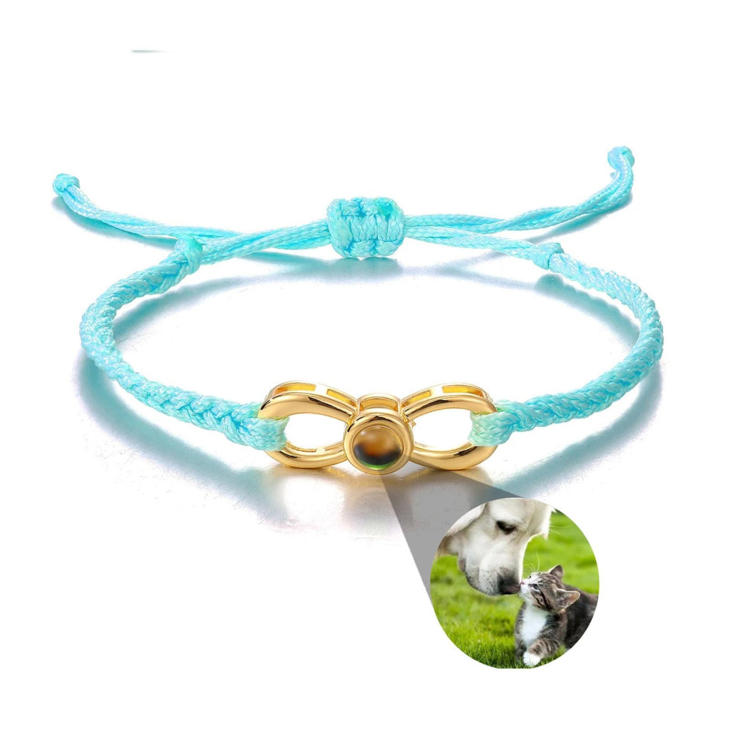 Bracelet bracelet corde turquoise avec symbole infini en titane or rosé et pendentif photo personnalisé ovale.