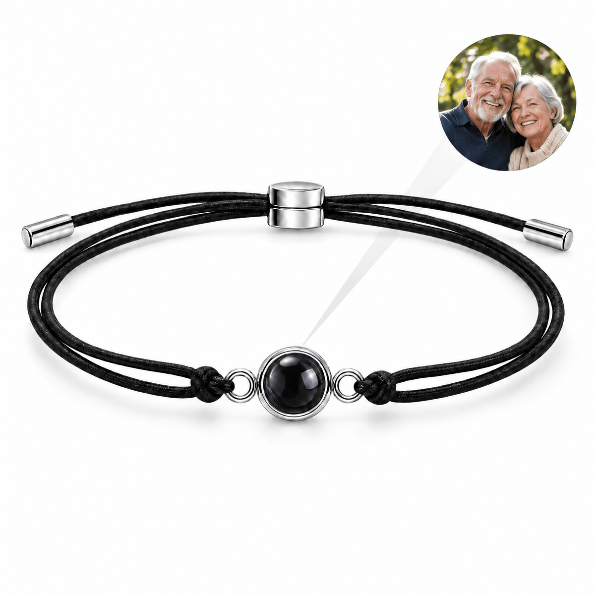 Bracelet photo personnalisé, cordon réglable, perle de projection, modèle Saphile — Noir et argent — packshot studio photo-projection nette