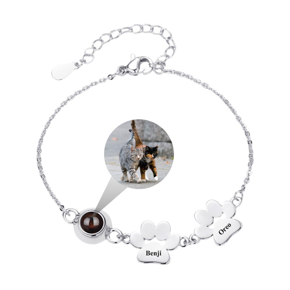 Bracelet silver en acier inoxydable avec deux pendentifs patte gravés et cadre photo rond personnalisé.