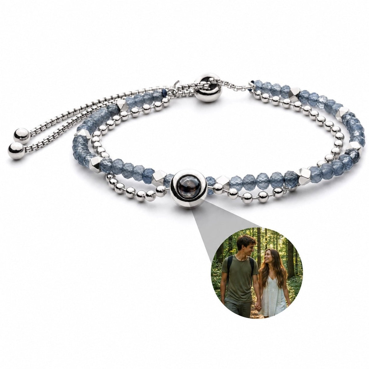Bracelet photo personnalisé, double rang, en pierres naturelles, modèle Tila