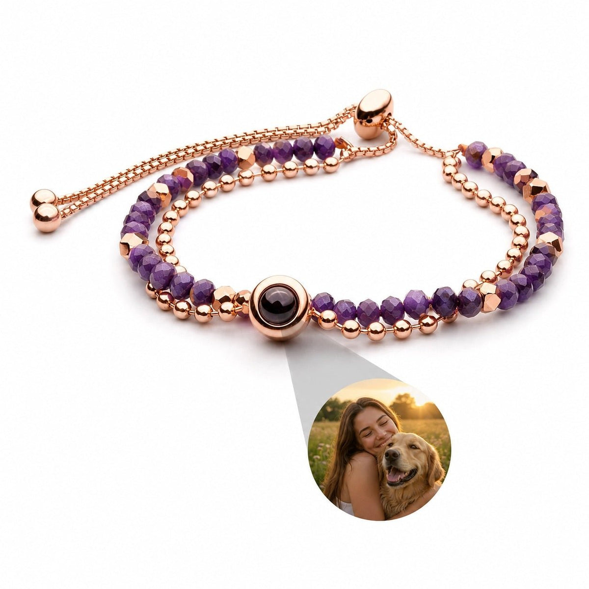 Bracelet photo personnalisé, double rang, en pierres naturelles, modèle Tila