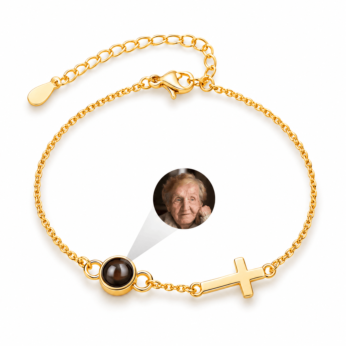 Bracelet photo personnalisé en acier inoxydable, croix chrétienne, cadeau souvenir — modèle Horacle — Or — packshot studio photo sous lentille